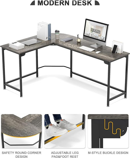 Teraves Modern L Shaped Gaming Desk 58'' Corner Computer Desk for Home Office Gaming Table Study Writing Workstation for Small Space, Easy to Assemble