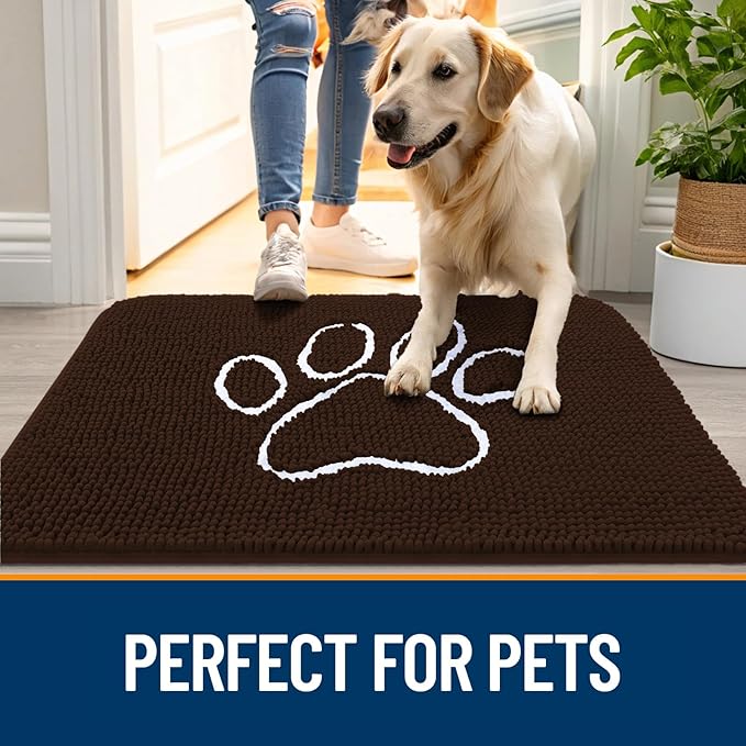 OLANLY Door Mat for Muddy Dog Paws 59x35, Ultra Absorbent Chenille Mud Doormat with Paw Print Design, Non-Slip Washable Doormat for Indoor Entryway, Quick-Dry Pet Bed Mats for Dirty Dogs, Brown