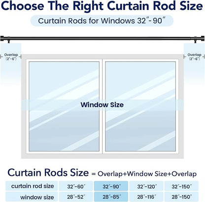 2 Pack Curtain Rods for Windows 48 to 84 Inch(4-7ft), 1 Inch Black Adjustable Heavy Duty Curtain Rod Set, Outdoor Long Drapery Rods for Patio Bedroom, Size 32"- 90"