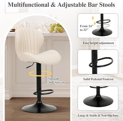COLAMY Bar Stools Set of 2, Modern Swivel Bar Chairs, Adjustable Faux Leather Upholstered Barstools Counter Height with High Backrest for Bar, Kitchen Island, Dining Room, Beige