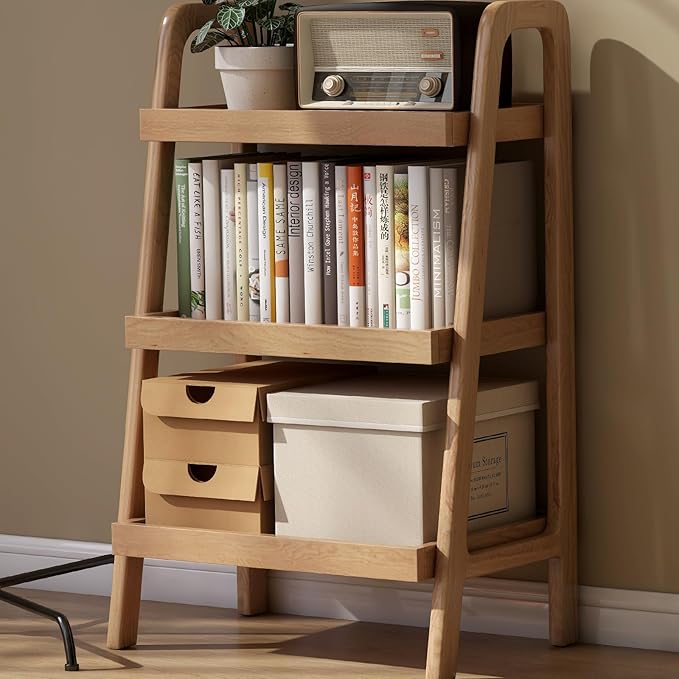 100% Solid Oak 3 Tier Ladder Shelf for Saving Space, Tall Nightstand with Stable Frame for Bedroom, Small Side Table for Living Room Office(Natural, 13.4" L x 25.6" W x 36.2" H)