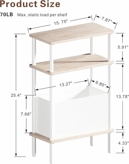 Narrow Side Table with Fabric Basket, End Table for Small Spaces, Slim Nightstand with 3-Tier Storage Shelf, Sofa Beside Table, for Living Room, Bed Room, Natrual Oak