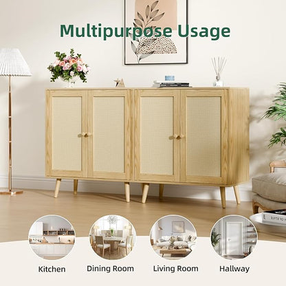 Set of 2 Rattan Sideboard Buffet Cabinets, Stylish Accent Cabinets with Adjustable Shelves & Doors, Ideal for Kitchen & Entryway Storage, Wood Oak