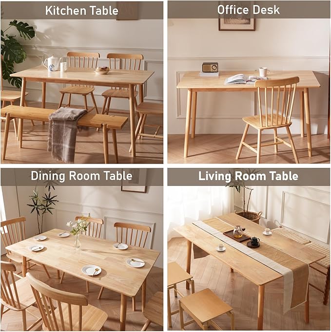 BAKEVE Dining Table for 4-6 Person- 47.2'' Solid Wood Kitchen Table, Mid Century Modern Desk, Farmhouse Rectangular Dining Room Table for Living Room, Office, Kitchen and Study (Natural)