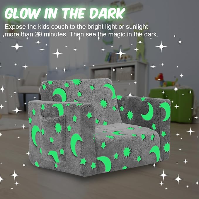 SLIGUY Toddler Couch, Toddler Chair. Kids Couch, Baby Couch, Couch for Kids, Toddler Convertible to Lounger Pull Out Couch, Glow in The Dark Sofa Chair for Boys Medium