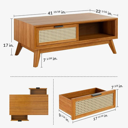 Bme Solid Wood Jasper Coffee Table with Storage, Accent Rattan Design, Good Choice for Living Room, Dark Chocolate