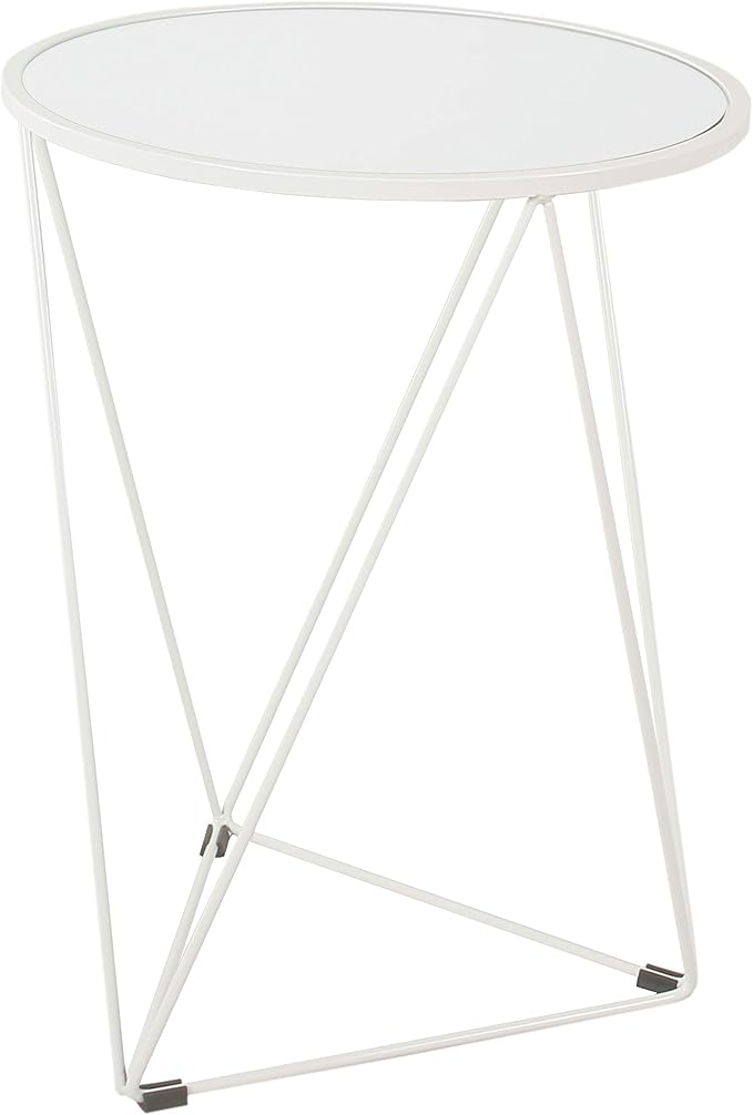 HomePop Metal Accent Table Triangle Base Round Mirror Top, White 18.24D x 24W x 18H in
