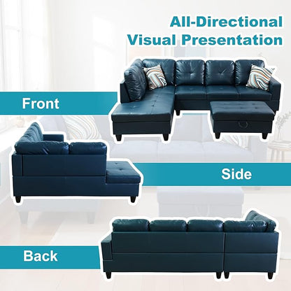 L Shaped Couch PU Leather Sectional Couch Upholstered 3 Pieces Sofas for Living Room with Chaise, Storage Ottoman for Office and Small Apartment, Peacock Blue