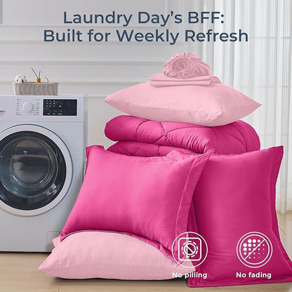 HEVUMYI Hot Pink & Baby Pink Cali-King Comforter Set - 7-Piece All Season Bed in a Bag Cali-King, Ultra Soft Bedding Set with Comforter, Flat Sheet, Fitted Sheet, Pillowcases, Pillow Shams