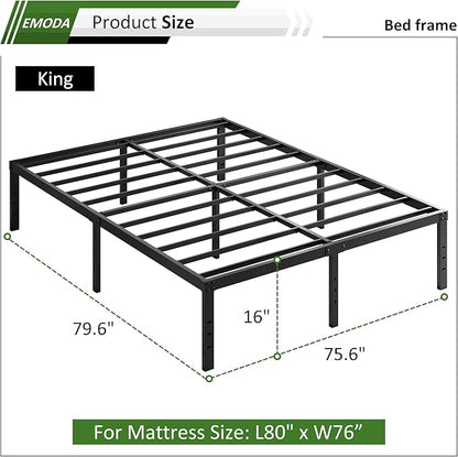 EMODA 16 Inch Platform King Bed Frame No Box Spring Needed, Heavy Duty Metal Mattress Foundation with Sturdy Steel Slats Support, Noise Free, Easy Assembly, Black