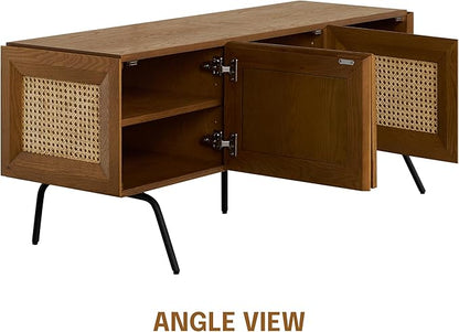 NTC Mossic TV Media Cabinet with 3 Doors for TVs, Entertainment Center with Natural Rattan, Metal Legs, Modern Storage Console for Living Room and Bedroom, Effortless Assembly, Rustic Oak