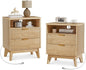LYNCOHOME Fluted Nightstand Set of 2 with Charging Station, 19.7 inch Wide with 2 Drawers, Modern Wood Bedside Table for Bedroom, Natural