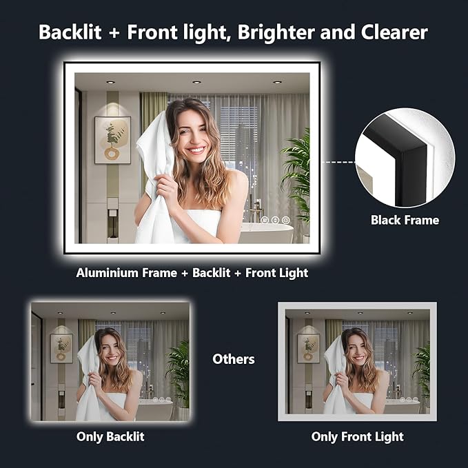 51x40 Inch LED Bathroom Mirror with Lights (Front Lit and Backlit) Black Framed Lighted Vanity Mirror for Bathroom Wall Dimmable Anti-Fog Memory Tempered Glass Horizontal/Vertical