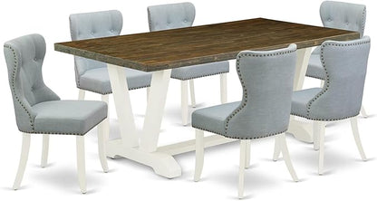 East West Furniture V077SI215-7 7 Piece Dining Room Furniture Set Consist of a Rectangle Dining Table with V-Legs and 6 Baby Blue Linen Fabric Parsons Chairs, 40x72 Inch, Multi-Color