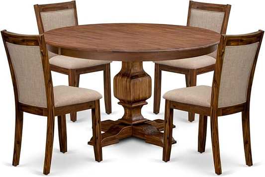 F3MZ5-50N-04 5-Pc Dining Room Set consists of a Pedestal Kitchen Table and 4 Light Tan Polyester Chairs with Padded Back - Antique Walnut