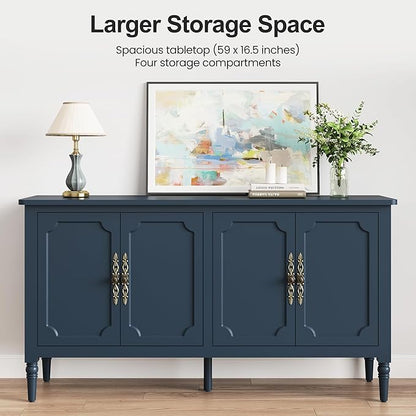 Console Cabinet, 58'' Mid Century Modern Pantry Cabinet, Wood Buffet Cabinet, Media Cabinet with 4 Doors, Accent Cabinet for Entryway, Living Room, Dining Room (Blue)