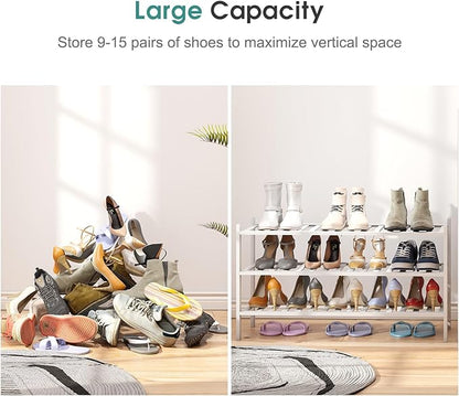 3-Tier Long Shoe Rack, Bamboo Wood Shoe Rack for Closet, Entryway & Hallway, Stackable White Shoe Shelf Storage Organizer for Indoor Outdoor