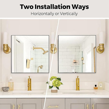 24x24 Inch Black Bathroom Mirror for Wall, Aluminum Frame Rectangle Rectangular Vanity Mirror, Modern Large for Bedroom, Living Room, Horizontal or Vertical