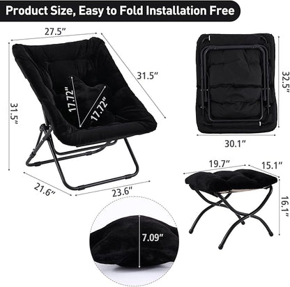 Welnow Comfy Saucer Chair with Ottoman, Oversized Folding Reading Chair for Adults with Throw Pillow Soft Faux Fur Lounge Chair for Bedroom Furry Accent Chair for Living Room, Dorm Rooms, Black