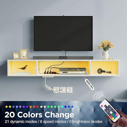 Rolanstar TV Stand with Power Outlet, Floating TV Stand with RGB Lights, 55.1" Wall Mounted TV Shelf, White Media Console with Storage Shelf, Entertainment Under TV for Living Room, Bedroom