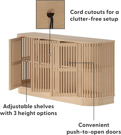 Plank+Beam Contour Wood TV Stand, Three Door Solid Wood Entertainment Console with Storage, 59" L x 16" W x 30" H, Blonde