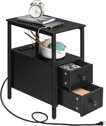 HOOBRO End Table with Charging Station, Narrow Side Table with 2 Drawer & USB Ports & Power Outlets, Nightstand for Small Spaces, Stable and Sturdy, for Living Room, Bedroom, Black BK541BZ01