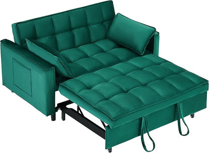 Ball & Cast Convertible Sofa Bed,Pull Out Loveseat Sleeper Sofa,Convertible Pull Out Couch W/ 2 Pillows,Adjustable Backrest & Side Pocket,Corduroy Futon Couches for Living Room,Apartment,Green,55"