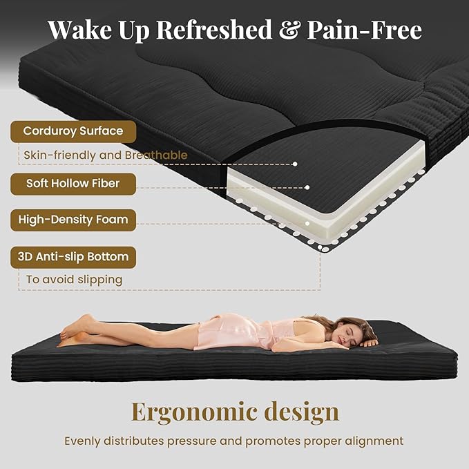 Japanese Floor Mattress, 4" Thicken Futon Mattress Twin Size Sleeping Pad, Corduroy Foldable Floor Pad, Roll Up Tatami Mat for Adults Guest Room Bedroom, Black