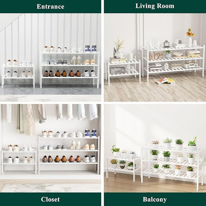 Smiry Shoe Rack, 2 Tier Long Bamboo Shoe Organizer, Stackable Free Standing Wooden Shoe Storage Shelf for Closet, Entryway, Front Door Entrance, White