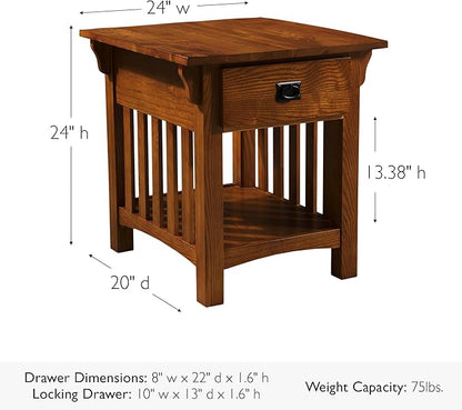 Leick Home Mission End Table, Solid Wood, 1 Storage Drawer, Additional Secret Compartment, Bottom Display Shelf, Easy-Assembly, Medium Oak, 20 in L x 24 in W x 24 in H, 8222-SC
