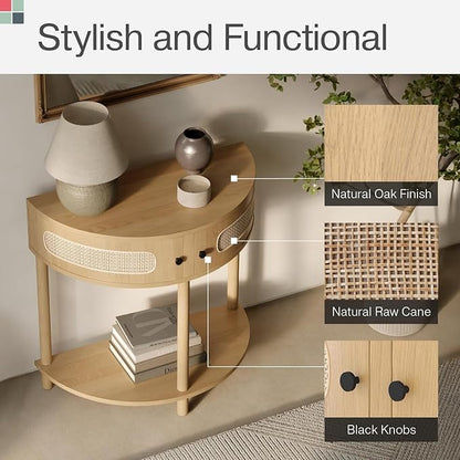 Rattan Half Moon Shaped Entry Table, Small Console Table with Storage, Modern Home Decor, Cane Console Table, Solid Wood Entryway Table with 2 Doors & Black Knobs (Natural Oak)
