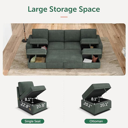 HONBAY Modular Sectional Sleeper Sofa Bed, Corduroy Pull Out Couch with Storage Ottoman, U Shaped Sectional Couches for Living Room, Green