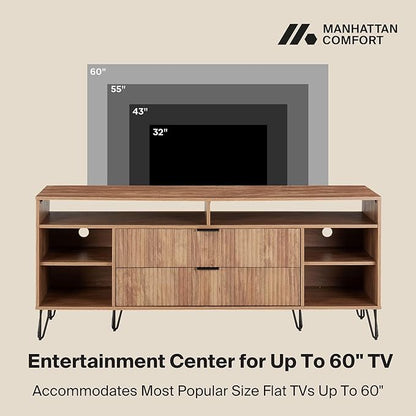 Manhattan Comfort Dumbo Mid Century Modern TV Stand for Televisions up to 60 Inches, Home Entertainment Center with Storage, 6 Shelves, 2 Drawers, No Tool Assembly, 63" Wide, Golden Brown