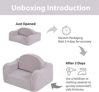 Welnow Kids Sofa, 2-in-1 Soft Sherpa Toddler Chair, Convertible Toddler Couch Lounger, Flip Out Kids Couch Chair with Side Pockets & Removable Cover for Girls and Boys, Grey