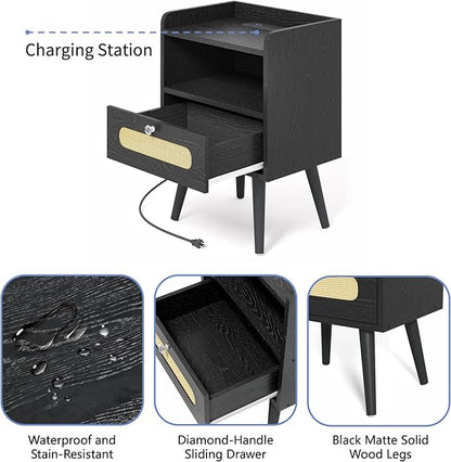 End Table Set of 2 with Charging Station, Diamond Décor Nightstands Set of 2, Bedside Table Set of 2 with Solid Wood Legs, Black