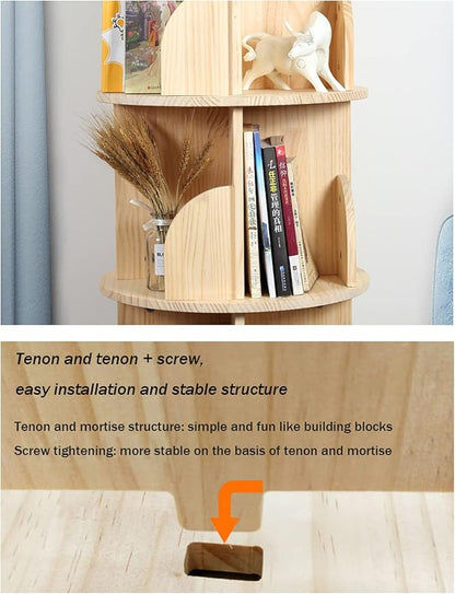 Rotating Bookshelf 360 Degrees, 4 Tier Stackable Solid Wood Bookshelf Organizer, Storage Display Rack Floor Standing Bookcase for Kids&Adults (51"x17.32"x17.32")
