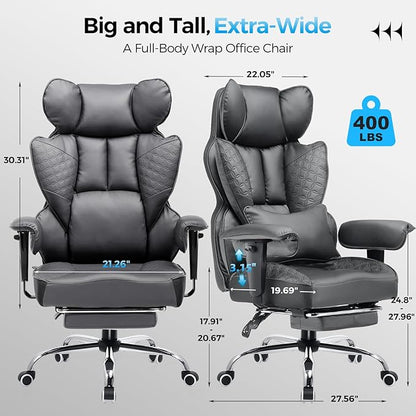 GTRACING Big and Tall Gaming Chair 400lbs Heavy Duty Office Chair with Foot Rest & Ergonomic Pocket Spring Lumbar Support, High Back 3D Saddle Shaped Cushion for Back Pain Relief, Grey