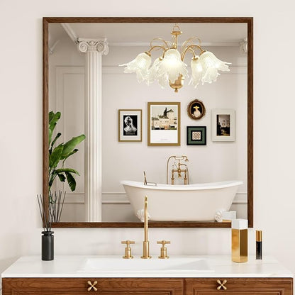 Rectangle Bathroom Mirror 40x36 Inch, Walnut Wood Grain Framed, Anti-Rust & 4mm Tempered Glass, Horizontal/Vertical Hanging Vanity Mirror for Bathroom & Bedroom