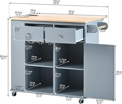 Merax Rubber Wood Kitchen Island with Adjustable Storage, Rolling Kitchen Storage Cart with Drop Leaf, Open Storage, Wine Rack, 5 Wheels for Home, Kitchen, Dining Room, Blue