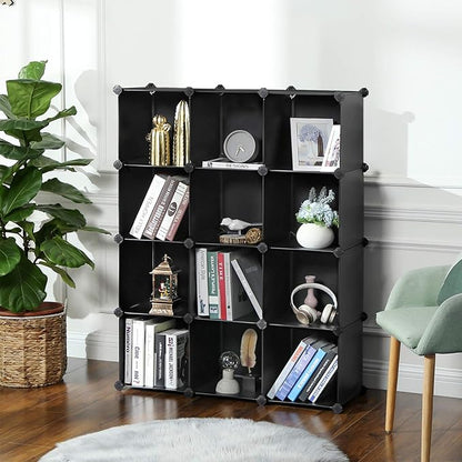 SONGMICS Cube Storage Organizer, Set of 12 Plastic Cubes, Book Shelf, Closet Organizers and Storage, Room Organization, Bedroom Living Room, 12.2 x 36.6 x 48.4 Inches, Black ULPC34BK