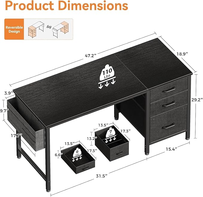 Casaottima 48" Small Computer Home Office Desk for Bedroom with Fabric Drawers & File Cabinet, Cloth Storage Bag and Hook, Writing Study Work Table for Small Space, Black