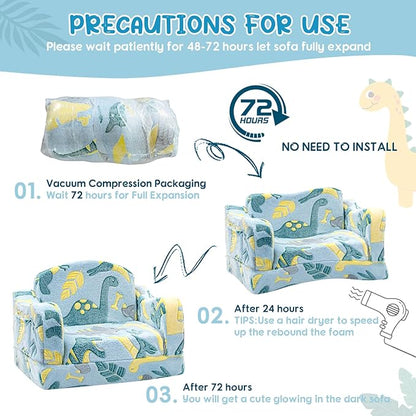 Comfy Toddler Chair and Couch for Kids with Blanket,2-in-1 Soft Plush Fold Out Toddler Couch for Girls and Boys,Convertible Sofa to Lounger for Playroom,Glowing Dinosaur