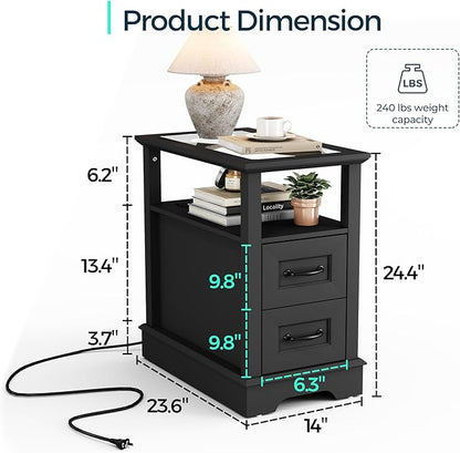 LINSY HOME End Table with Charging Station, Narrow Sofa Couch Side Table with Storage Drawers, Wooden Bedside Table for Living Room, Slim Nightstand for Small Space, Glass Top, Black