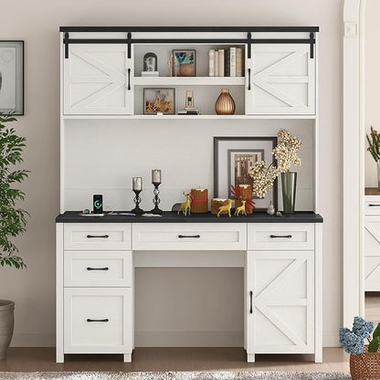 67''H Farmhouse Executive Desk with Hutch & 5 Drawers, Rustic Office Desks Computer Desks with Charging Station, File Drawers and Storage Cabinets, Wood Workspace for Home Office & Study,Black.