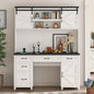 67''H Farmhouse Executive Desk with Hutch & 5 Drawers, Rustic Office Desks Computer Desks with Charging Station, File Drawers and Storage Cabinets, Wood Workspace for Home Office & Study,Black.