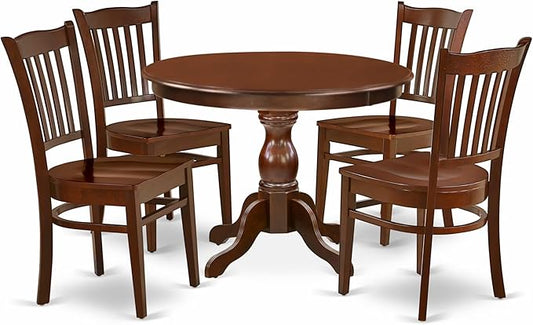 East West Furniture HBGR5-MAH-W 5 Piece Dining Table Set for 4 Includes a Round Kitchen Table with Pedestal and 4 Dinette Chairs, 42x42 Inch, Mahogany