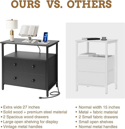 27 inch Wide Nightstand with Charging Station, Bedside Table with Open Shelf, 2 Drawers Small Wood Dresser, End Side Table for Bedroom (Black)