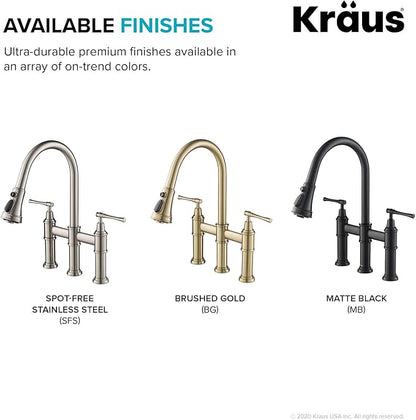 KRAUS Allyn Transitional Bridge Kitchen Faucet with Pull-Down Sprayhead in Brushed Gold, KPF-3121BG