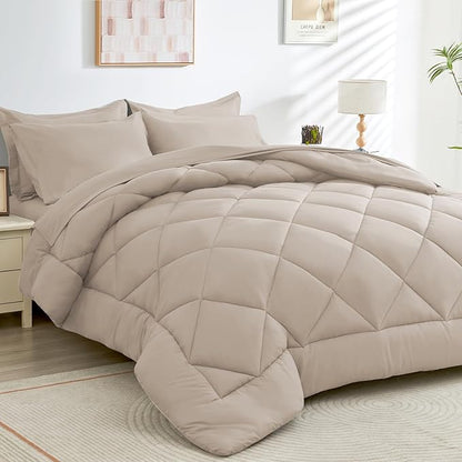 HEVUMYI Khaki King Comforter Set - 7-Piece All Season Bed in a Bag King, Ultra Soft Bedding Set with Comforter, Flat Sheet, Fitted Sheet, Pillowcases, Pillow Shams
