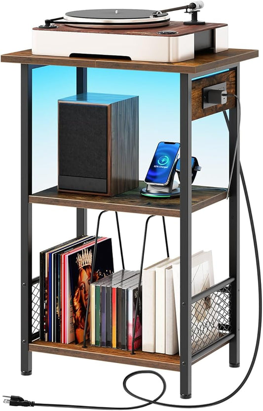 HOOBRO Record Player Stand with Charging Station and LED, Turntable Stand with Storage, 3 Tier End Table Hold Up to 100 Albums, Record Table for Vinyl, Living Room, Rustic Brown and Black BF06UDRS01